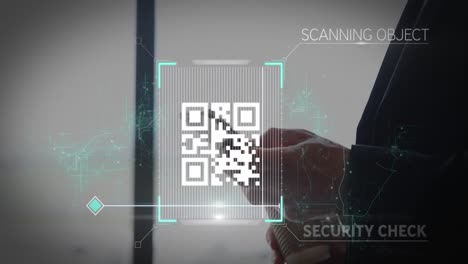 animation of white qr code scanning with blue web of connection over man