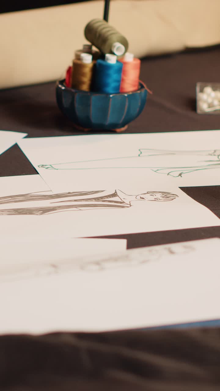 Vertical video Empty atelier with clothes sketches