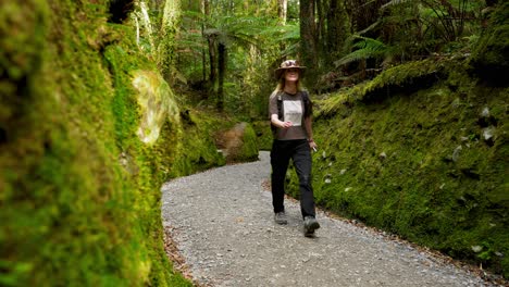 woman walking on trails around temperate rainforest - handheld shot