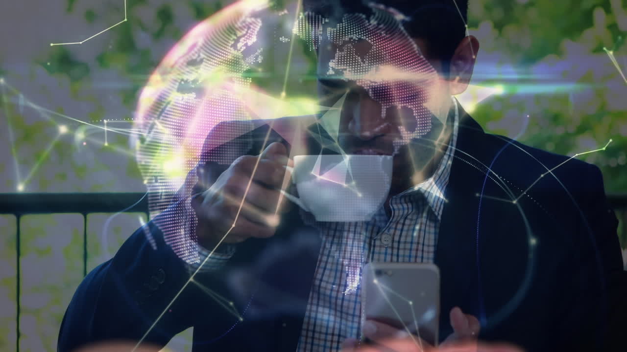 스마트 폰을 사용하는 코카시안 남성에 대한 연결 네트워크의 애니메이션