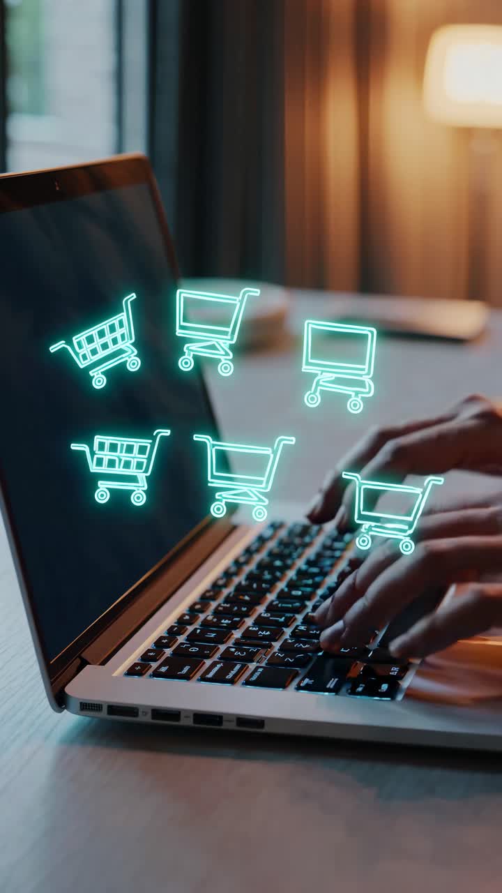 Close-up video of hands typing on a laptop with digital shopping cart icons, showcasing online