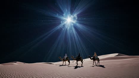 A mystical desert scene with camels under a radiant star. Low-angle shot creates a cinematic video