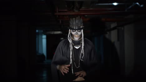 scary man face in carnival skull halloween makeup of skeleton looking creepy at camera on parking