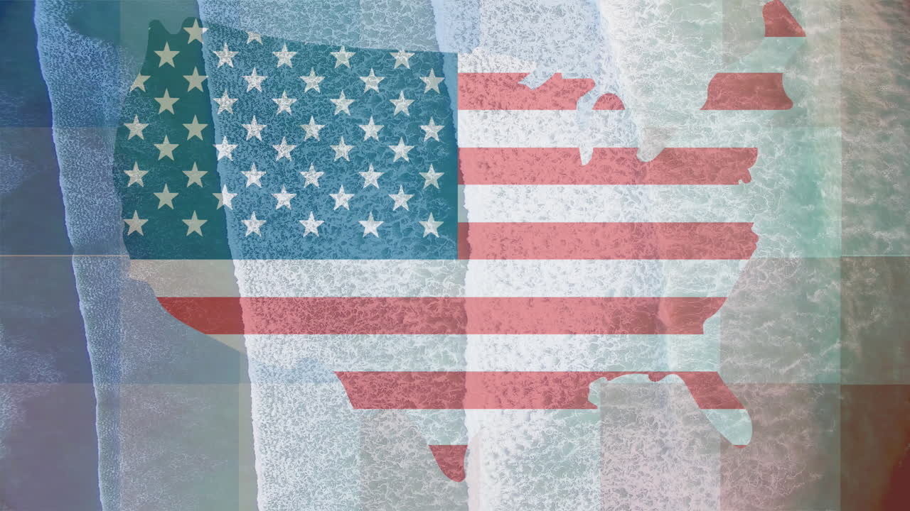 Animación del mapa de EE. UU. con la bandera estadounidense sobre una vista aérea de playa y olas oceánicas.