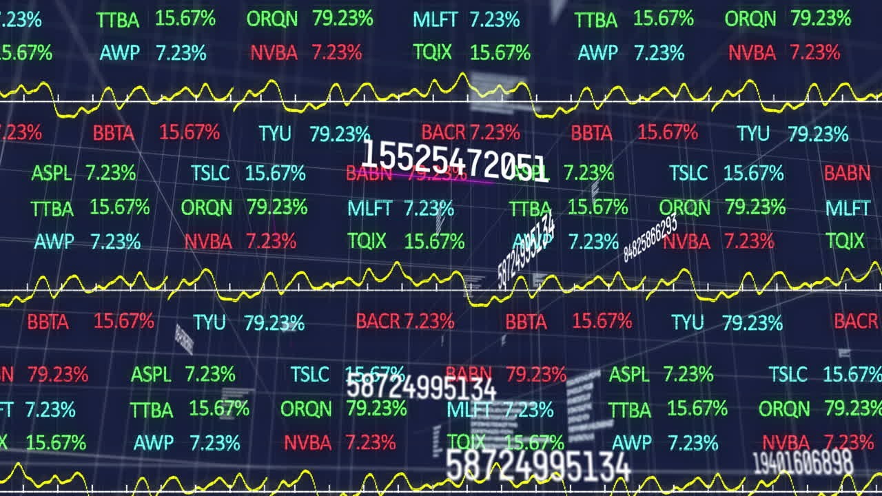 Fluctuating stock market graphs with ticker symbols showing financial data animation