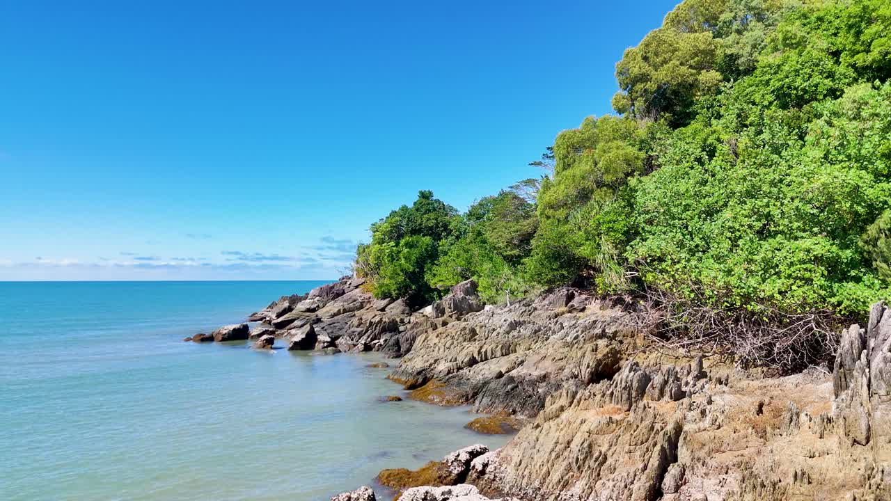 Drone glides above lush rainforest headland, rocky shore, and turquoise ocean under bright sunlight