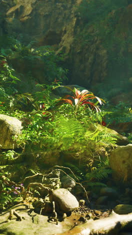 lush rainforest scene with ferns, plants, and a stream