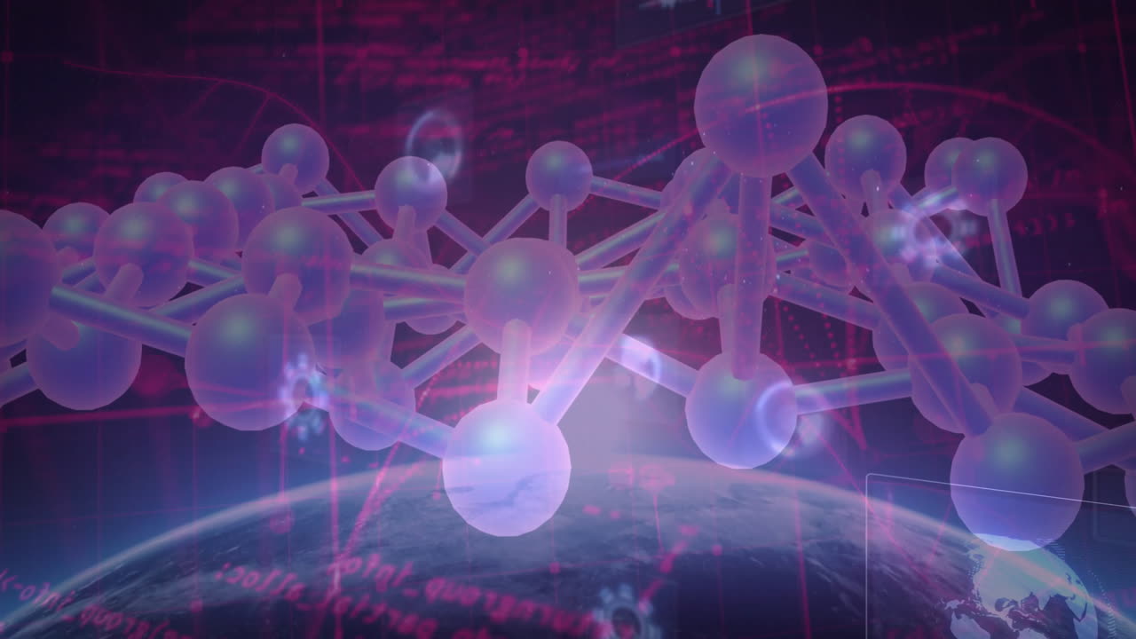 Translucent molecular network floating above Earth, featuring neon grid and holographic globe icon