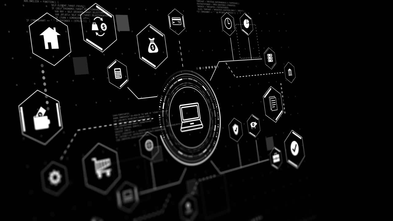 Animation of laptop and business icons with data processing over black background