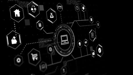 animation of laptop and business icons with data processing over black background