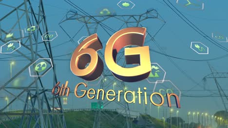 animación de iconos de ecología y texto 6g sobre pilones