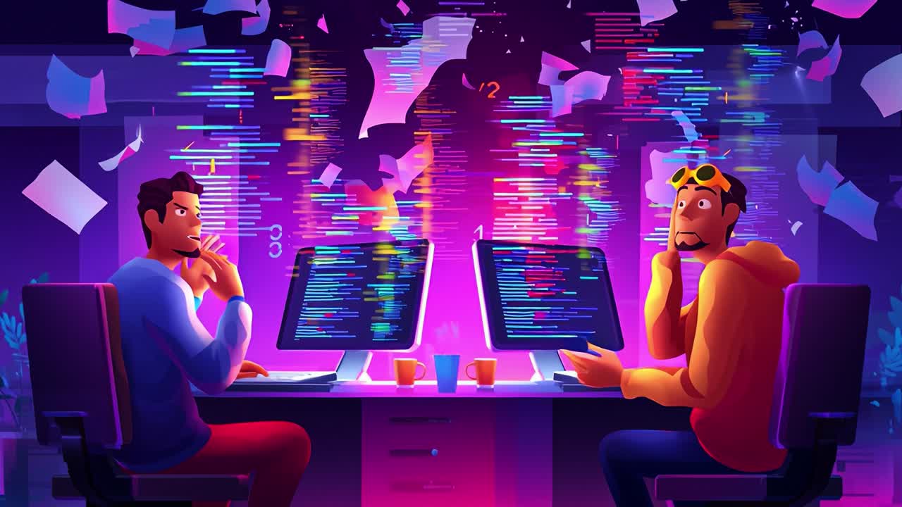 The Journey of Coding: From Frustration to Triumph - Two Programmers Confront the Chaos of Code, Papers, and Digital Transformation Moments, Highlighting the Struggles of the Creative Process