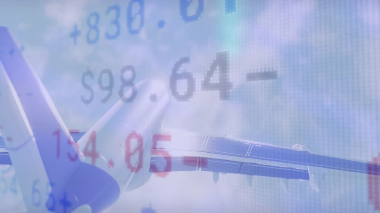 Animation of financial data processing over aeroplane flying in blue cloudy sky