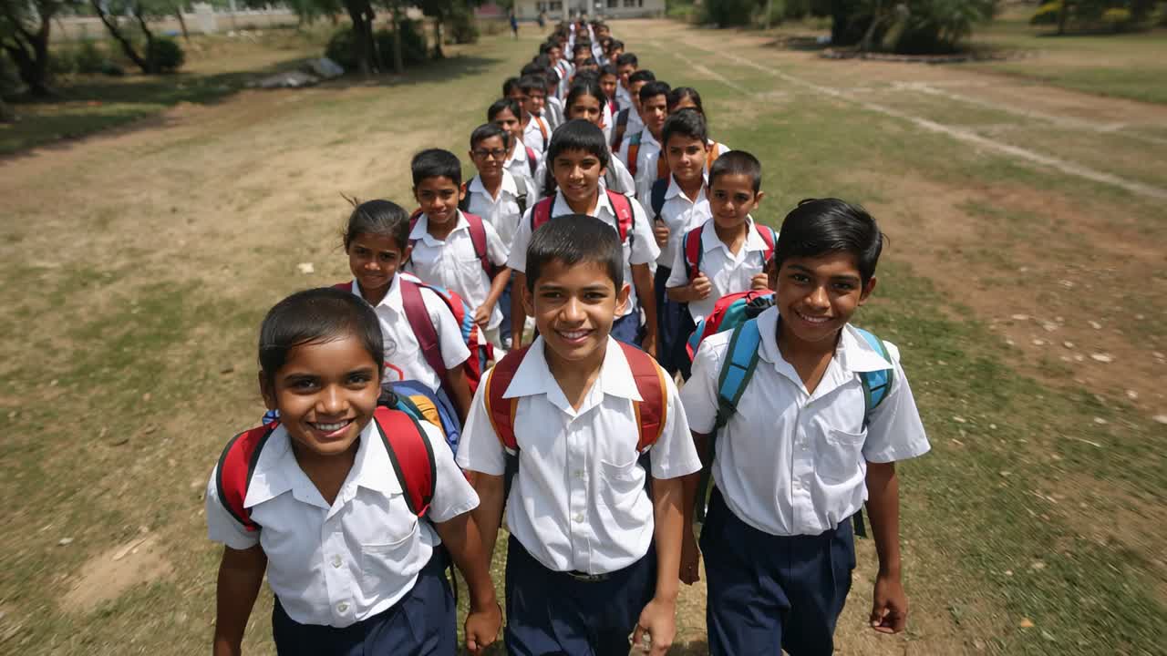 Walking line of students moving toward camera at school field, wearing ...
