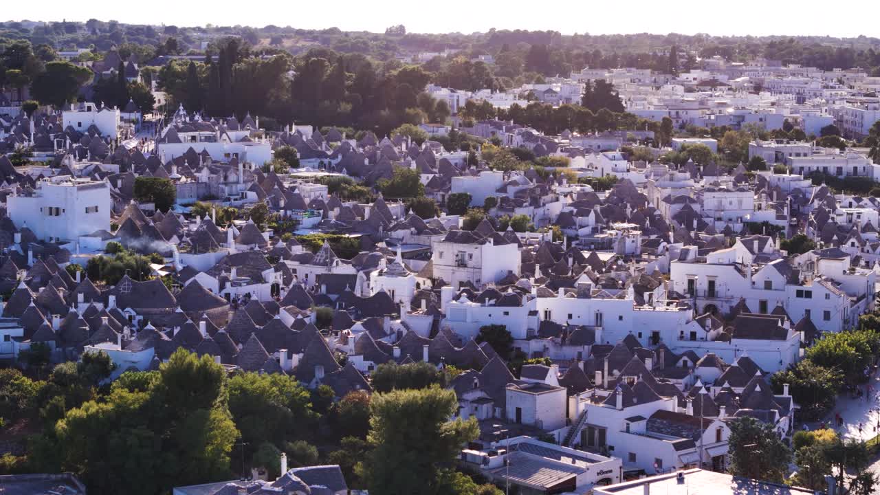 Trulli homes in Arbelobello township, aerial drone view