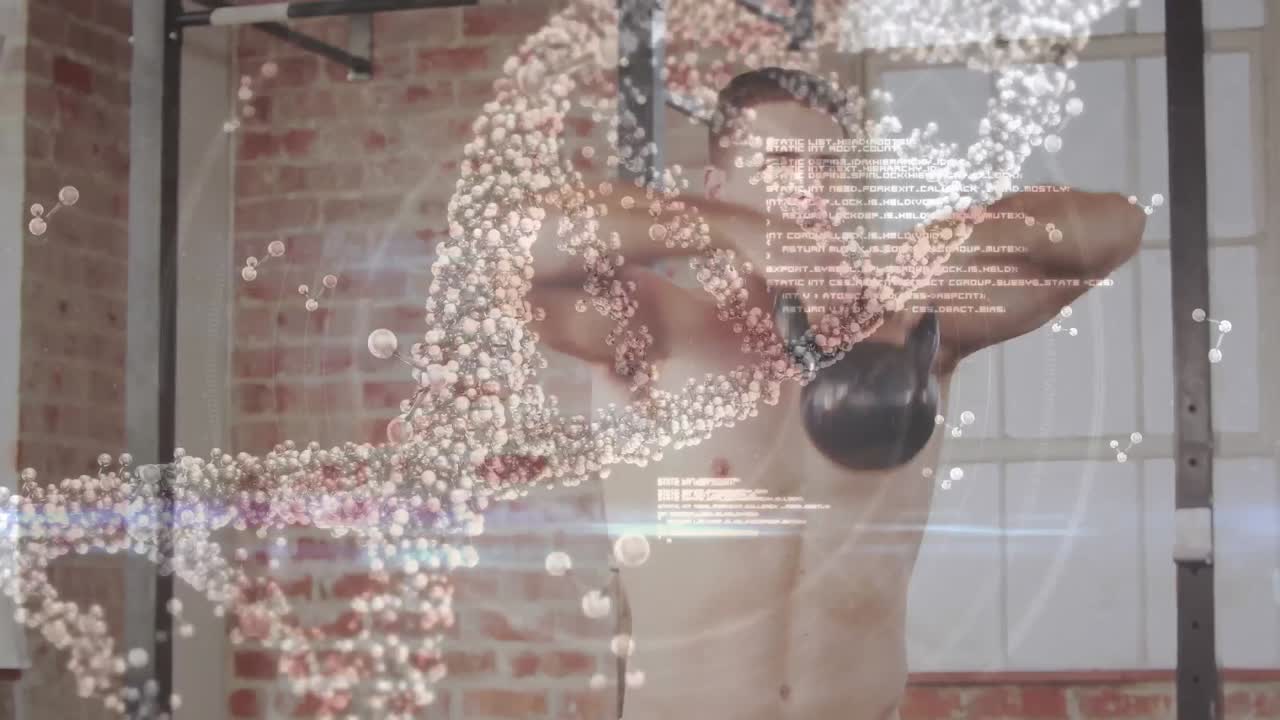 체육관에서 케틀벨과 함께 운동하는 백인 체력있는 남자에 대한 dna 구조와 분자 구조