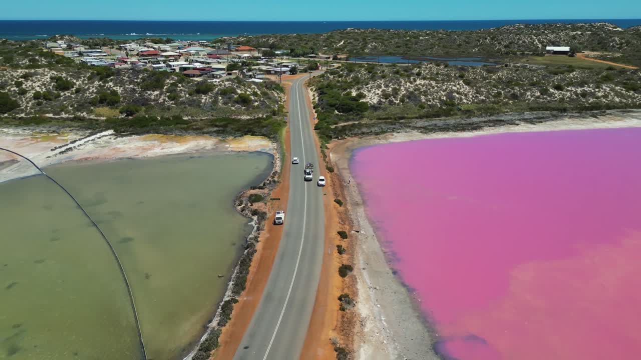 Scenic aerial view of the Hutt Lagoon Pink Lake landscape, Hutt Lagoon Marine Salt Lake on Coral Coast near Port Gregory, Romantic travel, Australia