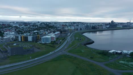 Drone-view-neighborhood-of-Reykjavik,-Iceland-capital-city.-High-angle-view-of-Reykjavik-neighborhood-and-downtown.-Aerial-view-of-Iceland-capital-city.-Travel-destination