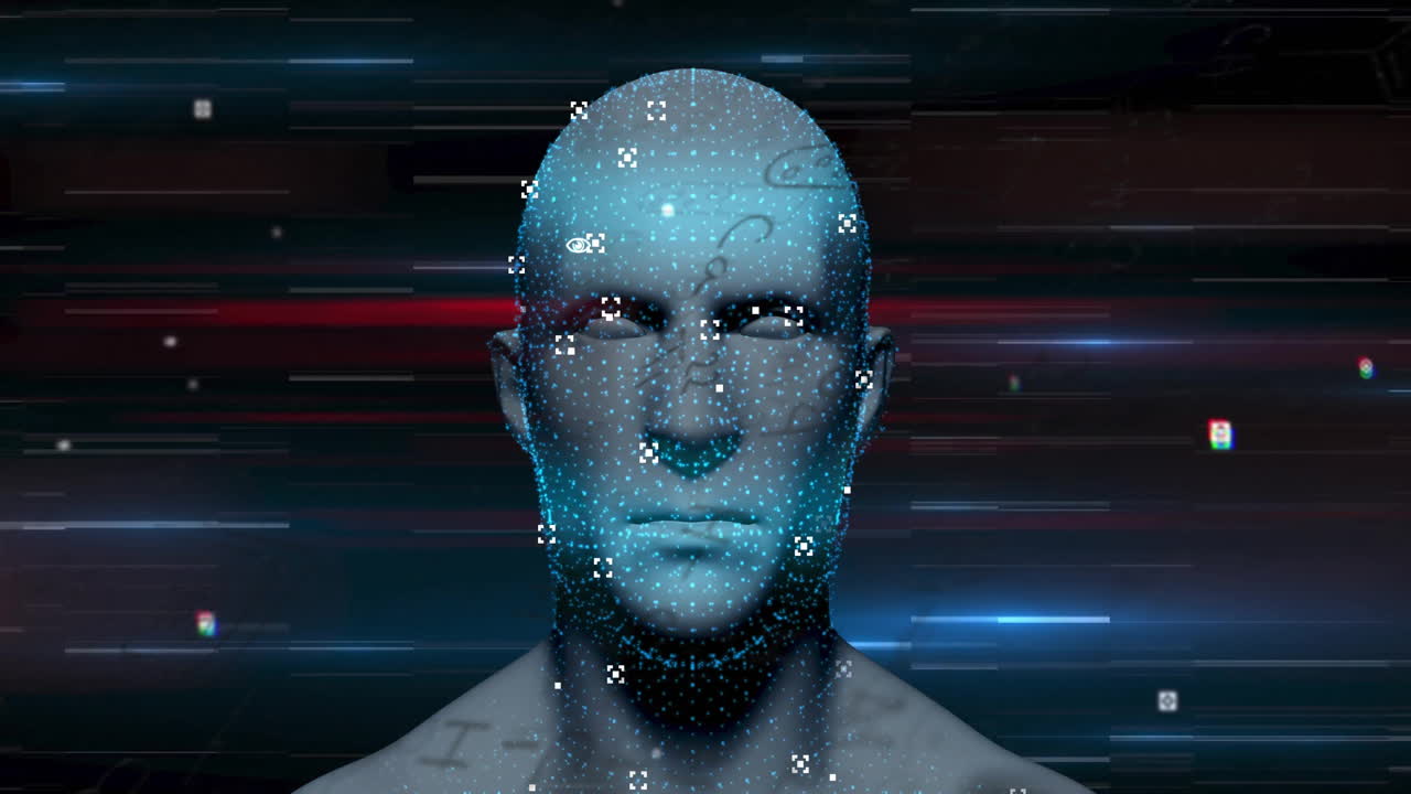 Animazione di un umano digitale su forme e scie luminose