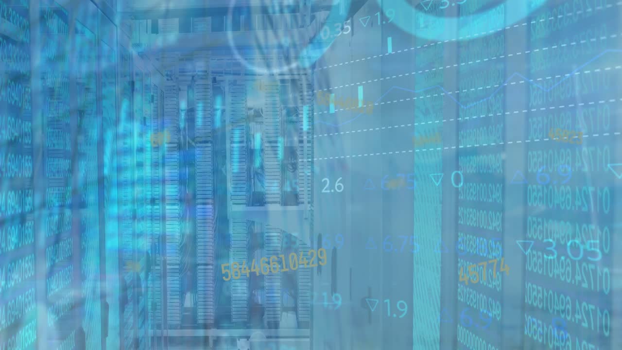 Animation of data processing with graphs and charts on interface over computer server room