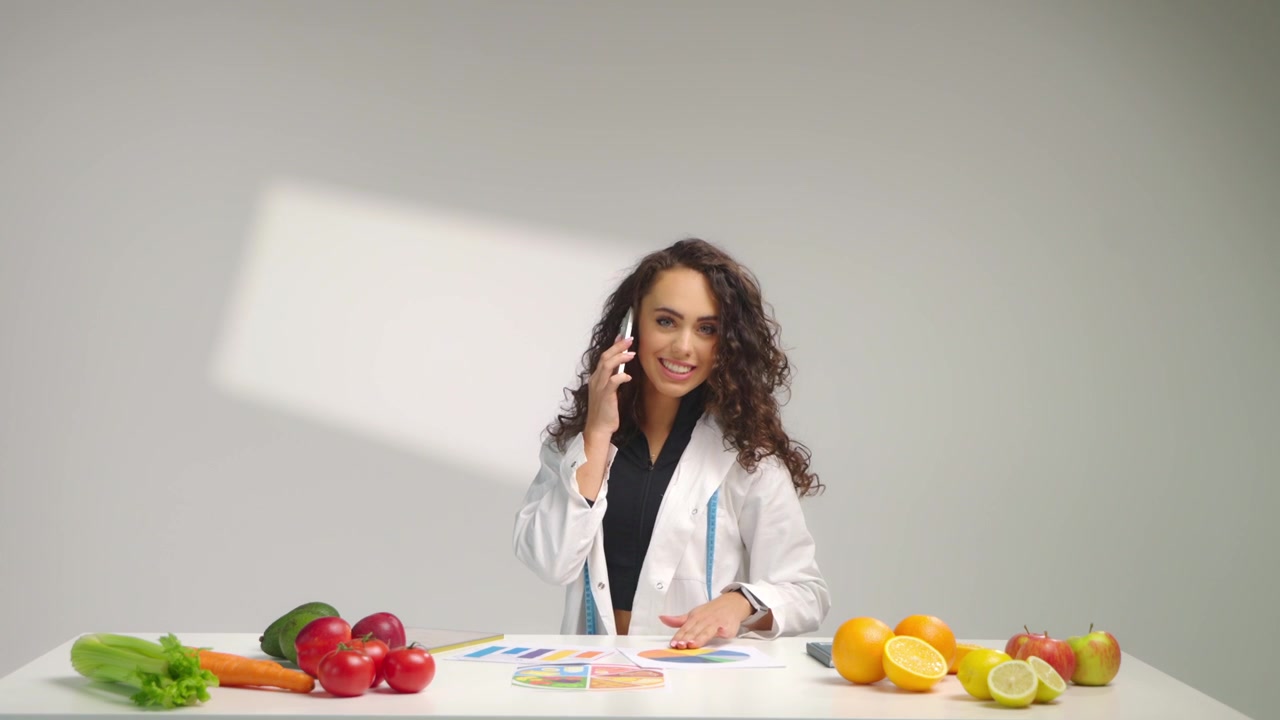 Dietologa in camice bianco alla scrivania che esamina grafici colorati mentre parla al cellulare, allungando la mano per prendere taccuino e penna. Frutta e verdura fresca nelle vicinanze, consulenza attiva e pianificazione della dieta