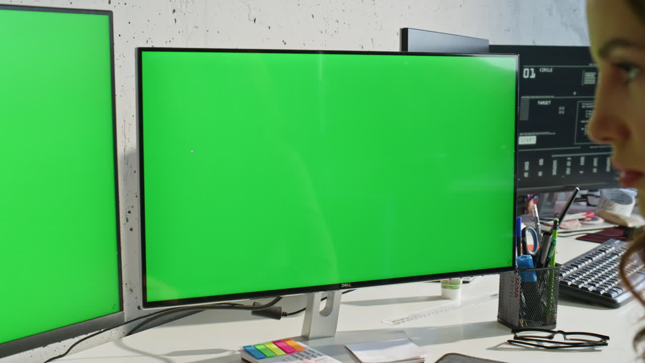 Woman texting mockup display pc office closeup. Businesswoman working computer