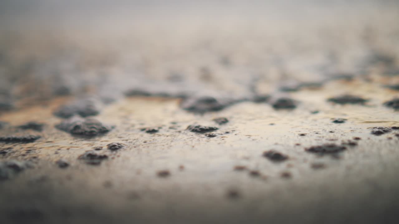 Close-up of sea water flowing up and down on the shoreline making bubbles and reflecting the sunset during golden hour - Dolly movement wit blurry background