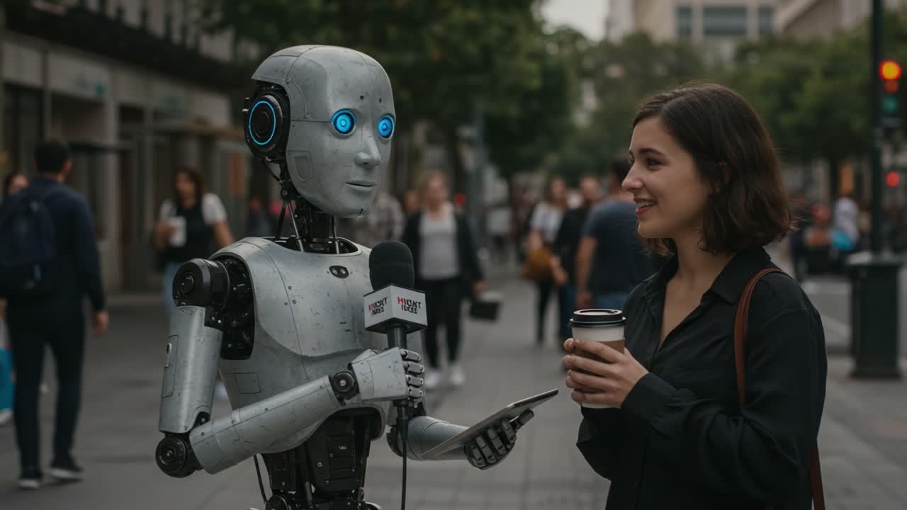 A Friendly Robot Interviews a Woman on the Vibrant City Streets, Showcasing Humanity's Interaction with Technology and AI in Everyday Life