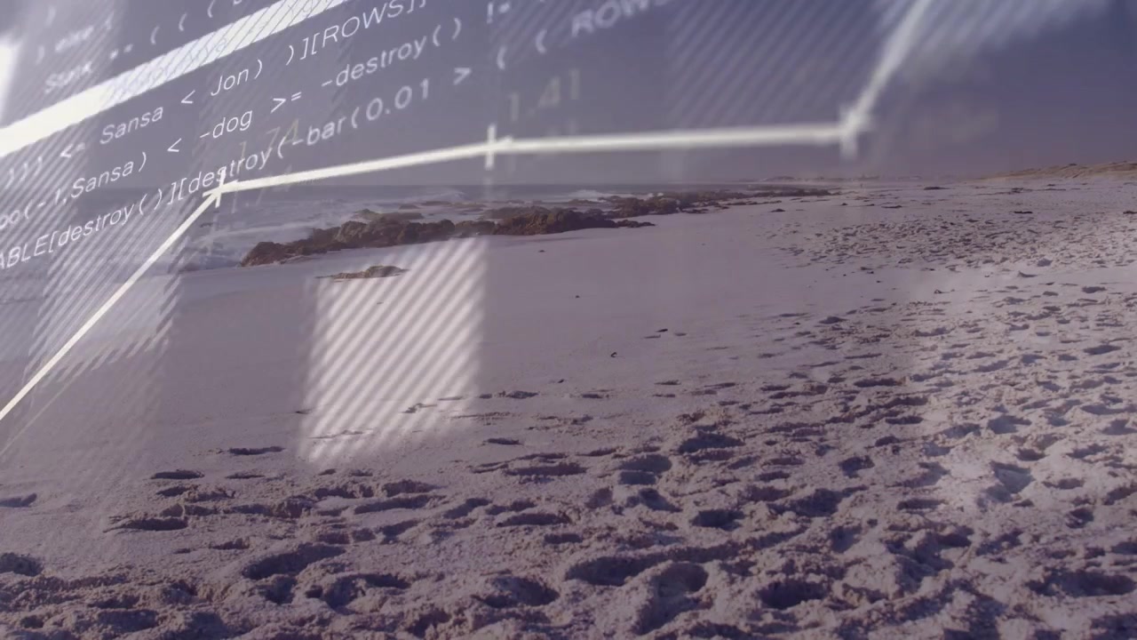 Sandy beach staying clear as overlay rising, line graph drawing right with lit nodes showing data