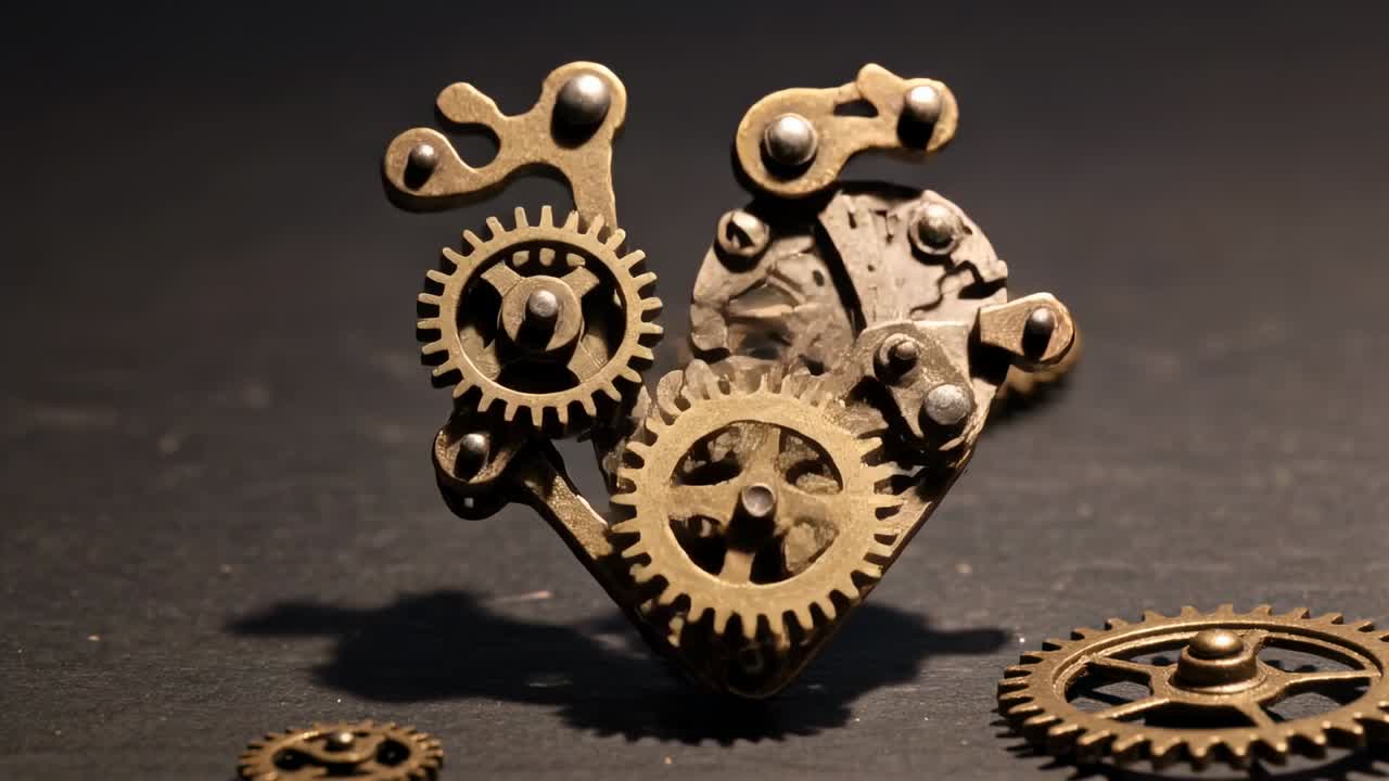 Copper spring rising and brass gears converging, interlocking into heart design study for designers