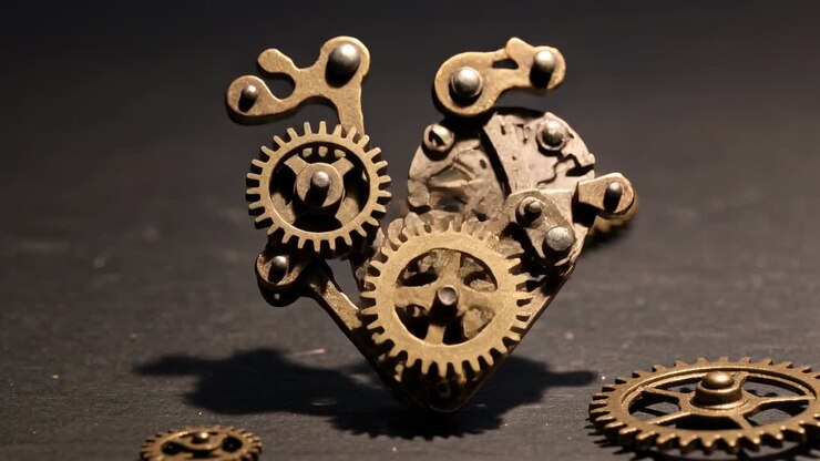 Copper spring rising and brass gears converging, interlocking into heart design study for designers