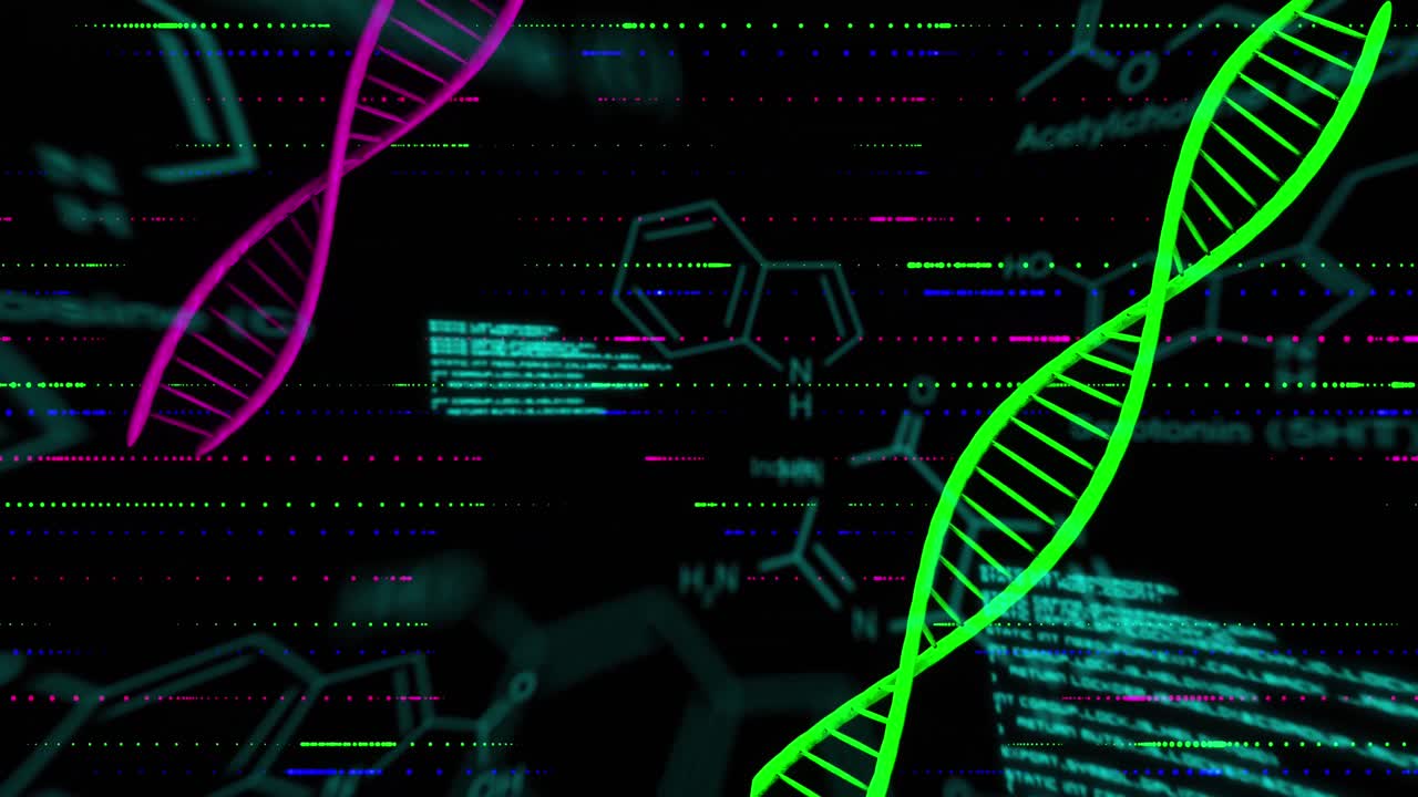 Animation of dna strands with data processing over chemical structures