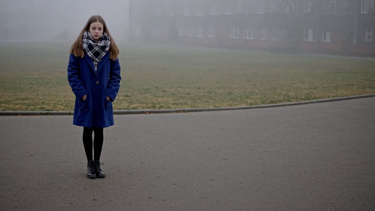 Young student standing in a foggy schoolyard during a cold morning, wearing a blue coat and a scarf, with a school building in the background
