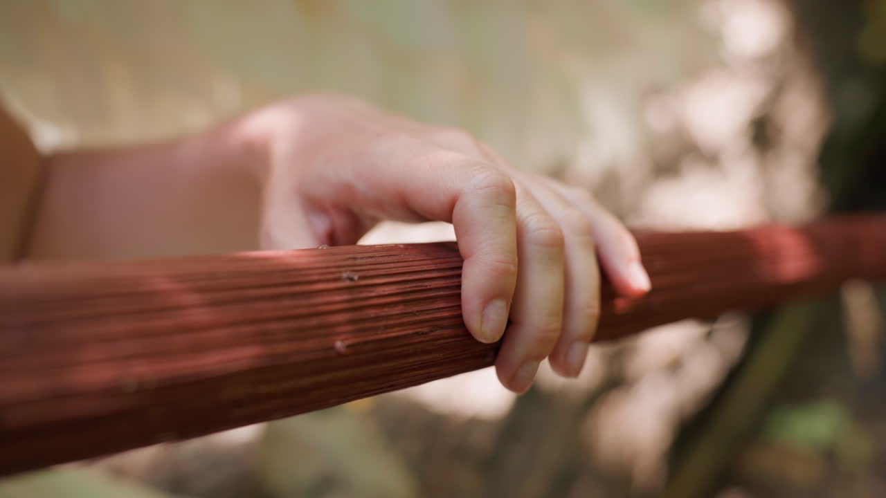 Extreme close up of lady seated on forest wood rotating wooden staff under sunlight, focus on hand movement and warm reflections, expressing calm, mindfulness
