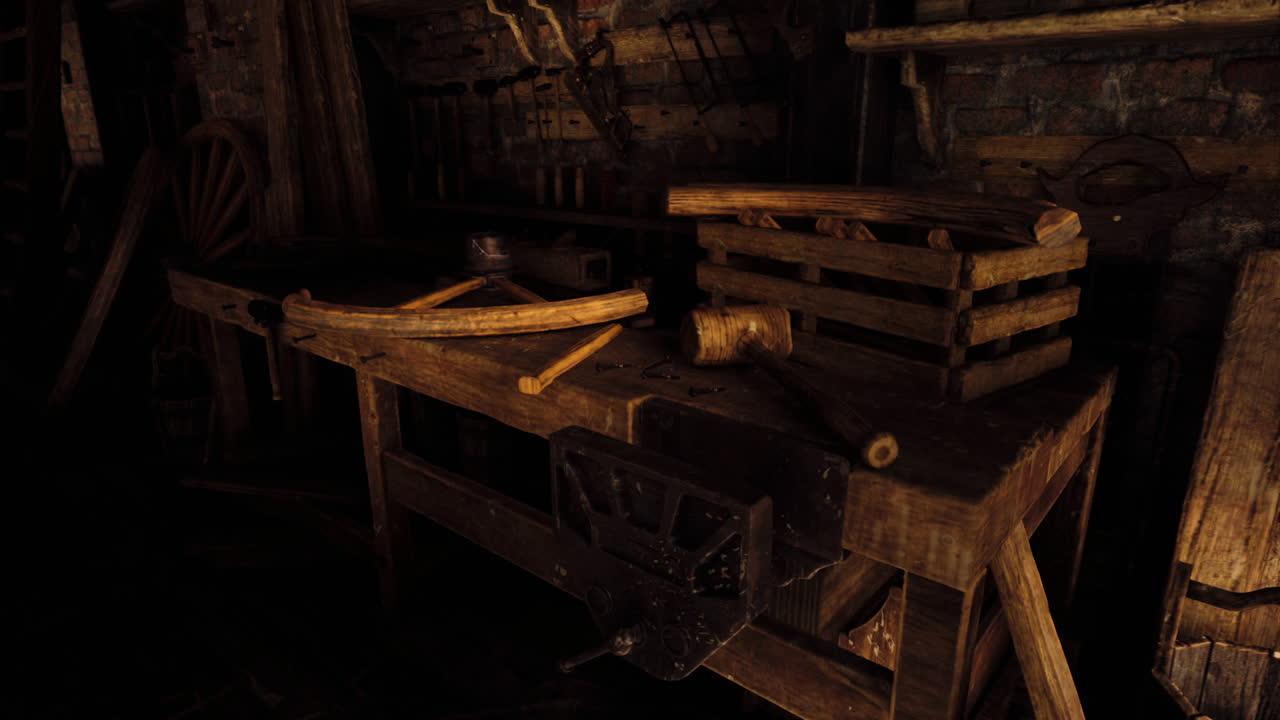 Workshop interior with wooden tools and equipment in low light setting