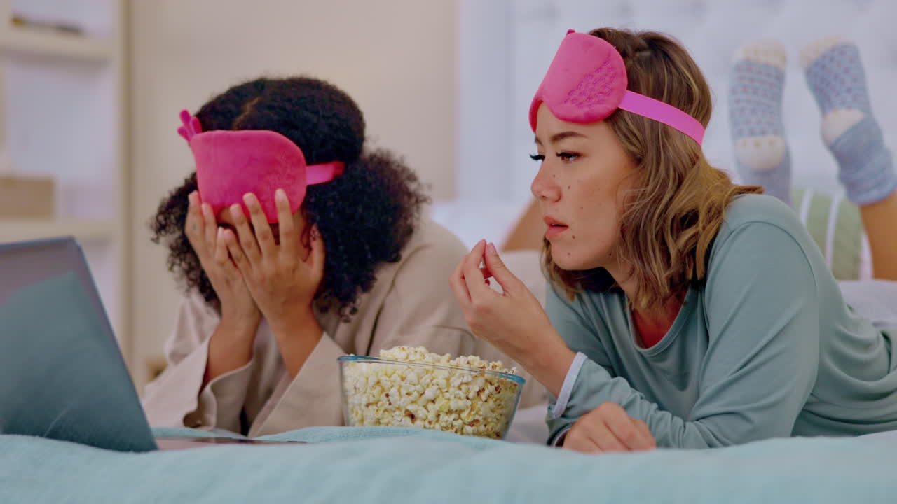 женские друзья в постели с фильмами ужасов