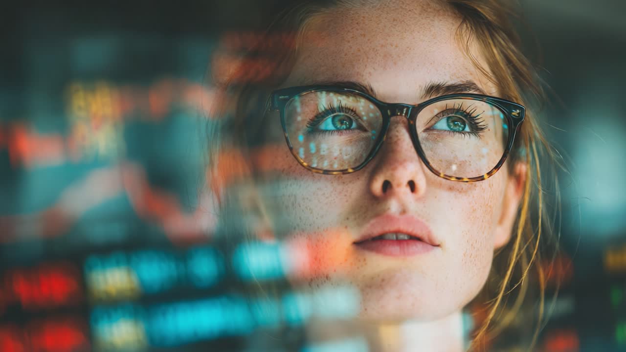 Contemplating Data Trends: A Young Woman Analyzing Financial Market Information with Focused Determination and Insightful Expression
