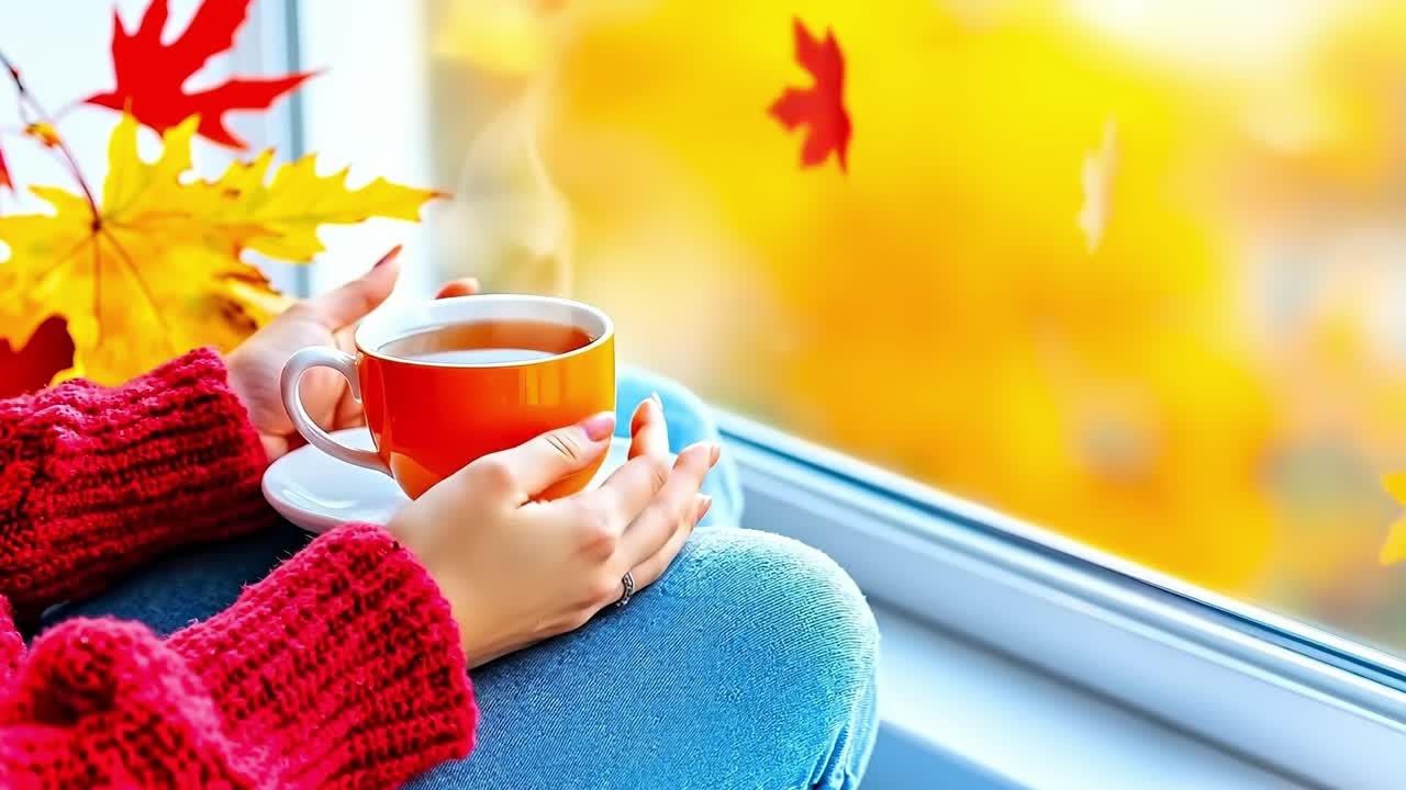 A woman sitting on a window sill holding a cup of tea