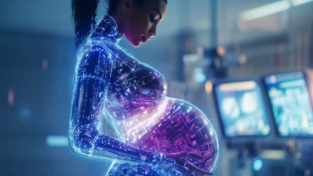 Futuristic Pregnant Woman with Technological Circuitry