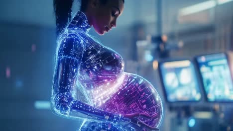 Futuristic Pregnant Woman with Technological Circuitry