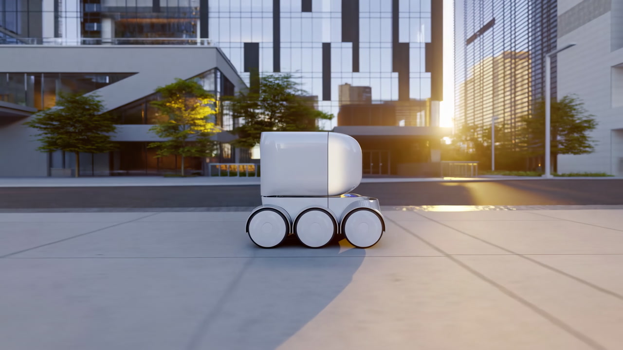 Autonomous Delivery Robot At Sunrise, Modern City Plaza With Glass Skyscrapers Reflecting Warm Light, Compact