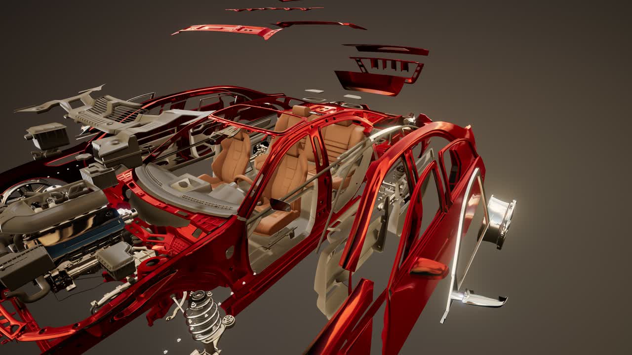 coche desmontado con partes visibles