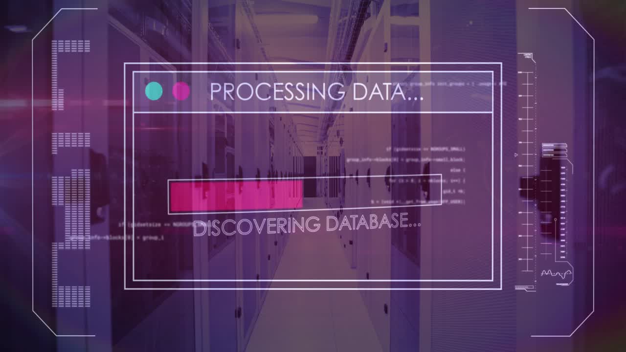 Interface appearing in server room, showing magenta bar filling while processing data securely