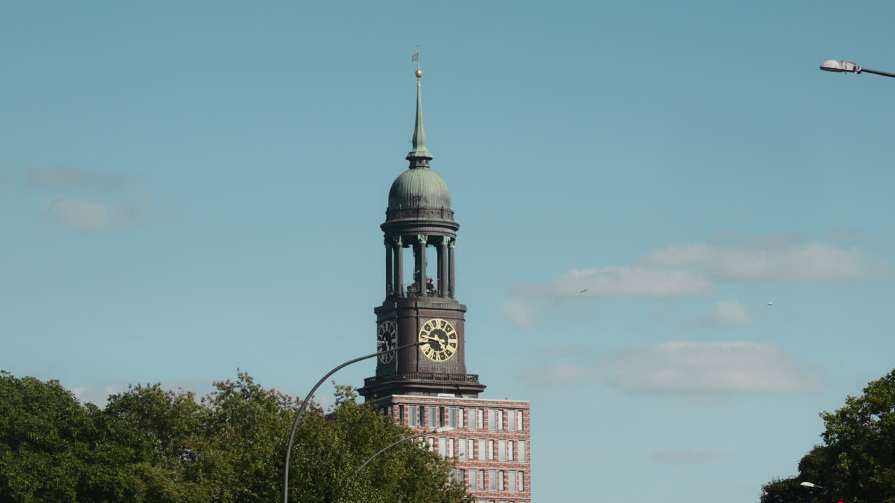 St Michaelis Michel church tower on sunny day in Hamburg, Germany