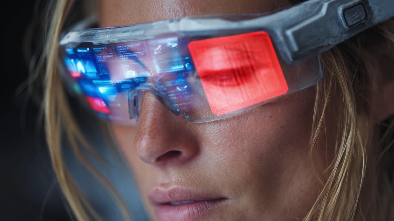 A close-up view of a woman wearing high-tech glasses that display vibrant digital information, showcasing futuristic design and innovative technology in a dramatic setting