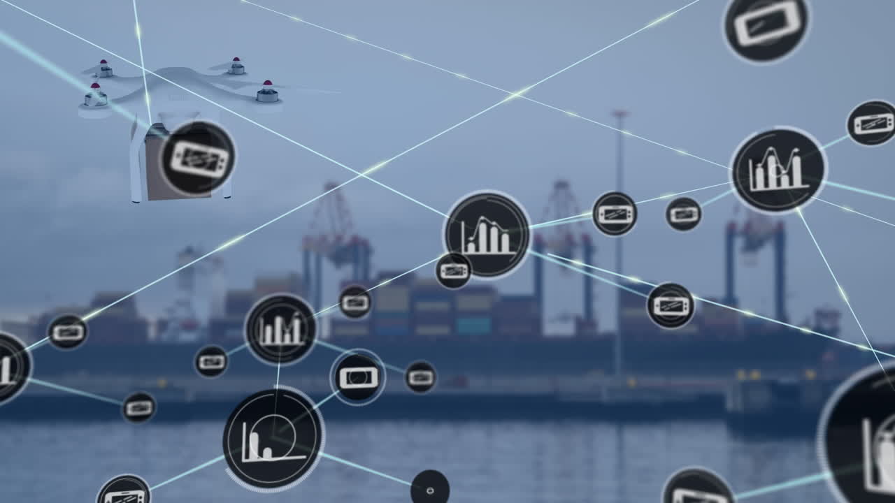 animación de la red de conexiones con iconos y drones de entrega sobre el puerto