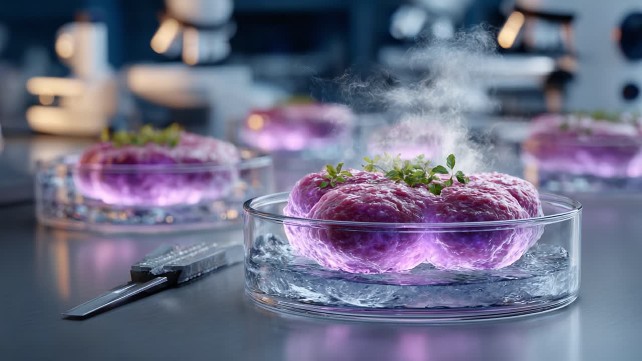Innovative Culinary Creations: Delicate Purple Dish Steaming in Laboratory Setting with Scientific Equipment and Garnish