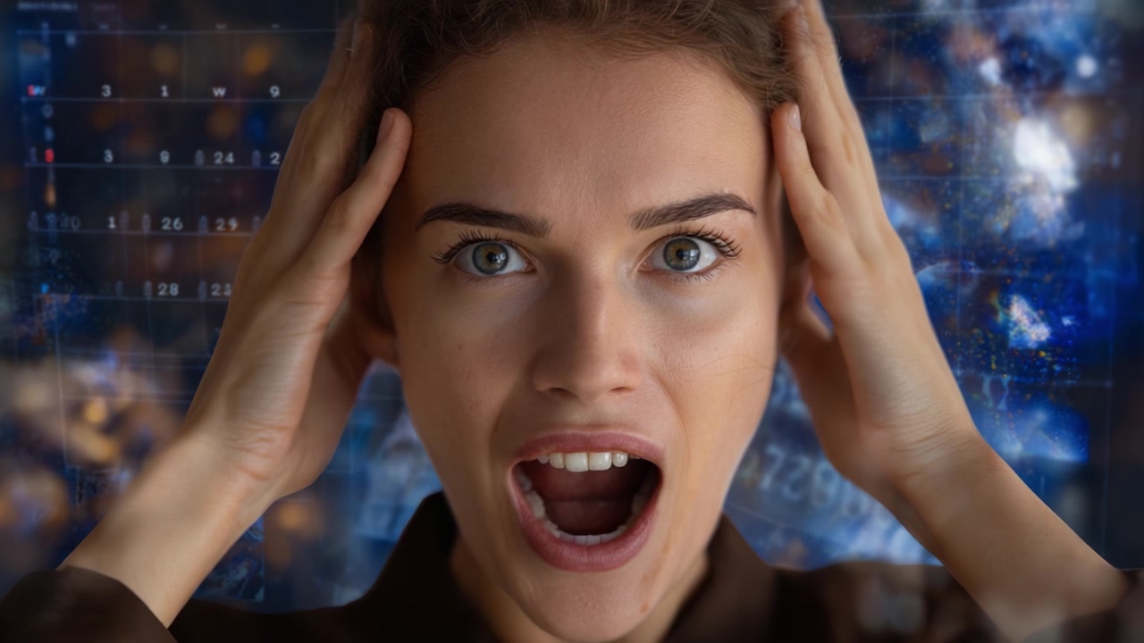A woman displays intense emotion in a moment of distress, gripping her head in frustration while a digital background creates a vivid contrast to her expression.