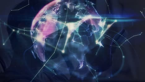 animation of plexus networks forming a globe against caucasian man talking on smartphone