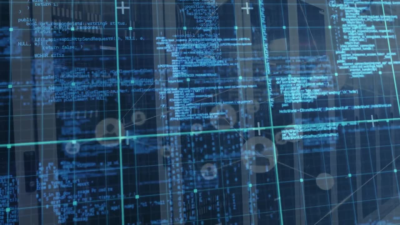 Animation of data processing and network of connections with icons over servers